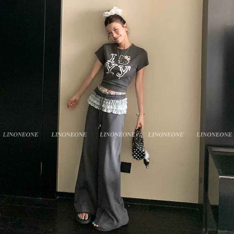 Kitty Kitty Kitty Head Letter รูปแบบการ์ตูนของแท้ไหล่เสื้อยืดเย็บLace-Edge Lace-Upชุดลําลอง6.7