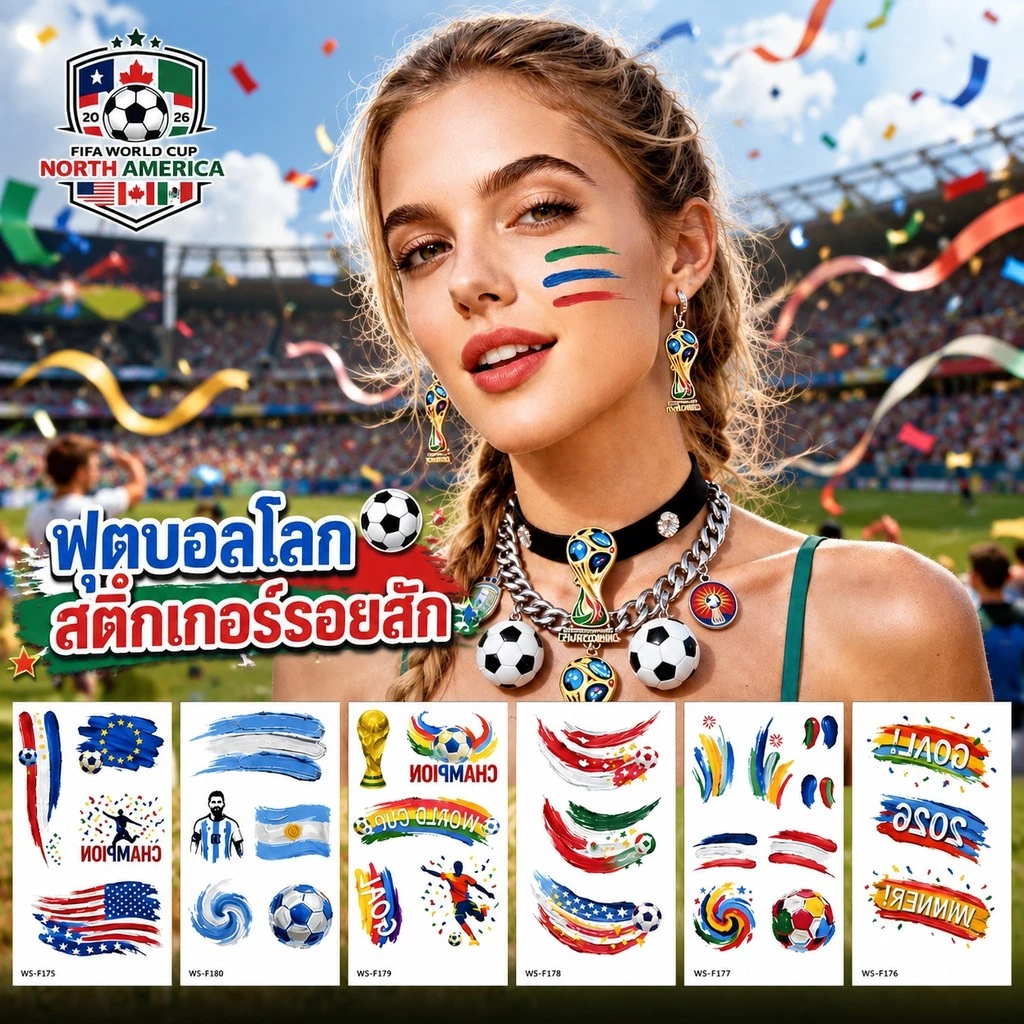 แทททูฟุตบอลโลก สติ๊กเกอร์ติดหน้า รอยสัก กันน้ำ กันเหงื่อ 100% ลายธงนานาชาติและอาเซี่ยน AEC