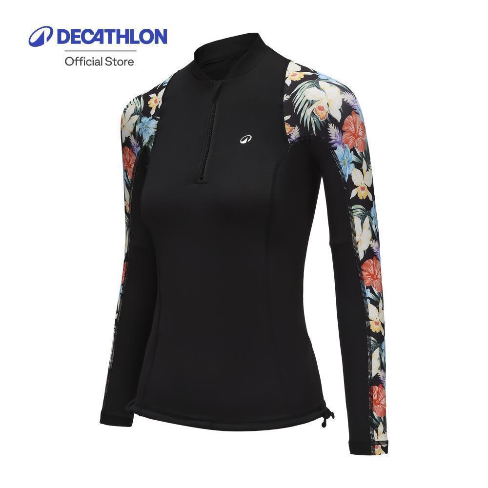 Decathlon Women’S Long Sleev UV Protection T-Shirt เสื้อยืดโต้คลื่นผู้หญิงป้องกันรังสียูวีแขนยาว รุ่น 500 - Black/Tropic
