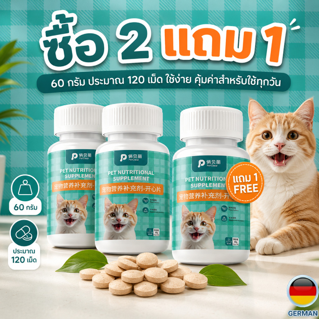 PetClear Happy Tablets 60g อาหารเสริมแมวสุนัข ช่วยผ่อนคลาย ลดความเครียด