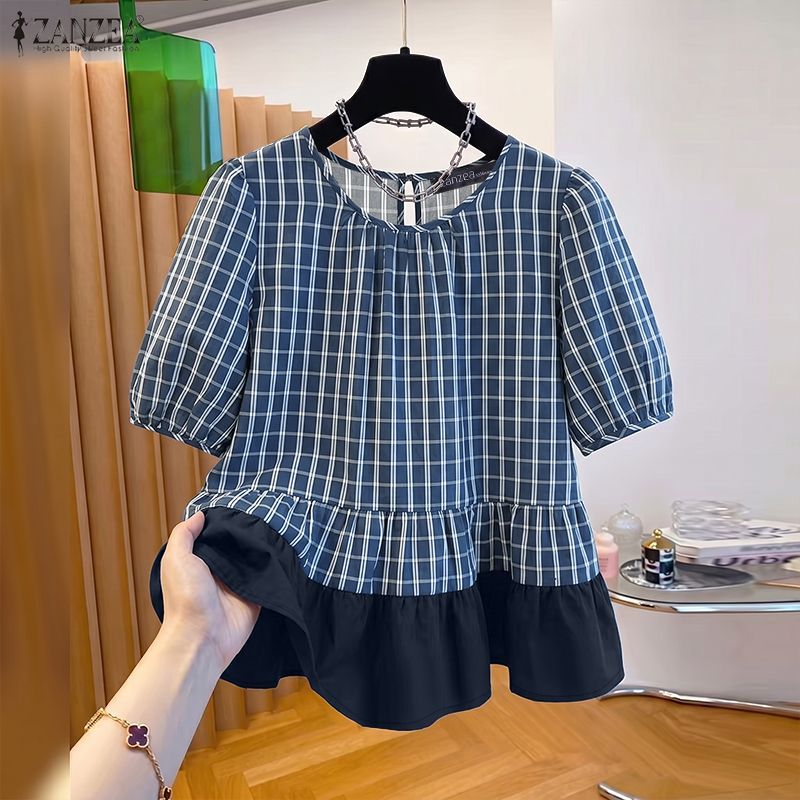 ZANZEA ผู้หญิงเกาหลีฝรั่งเศสย้อนยุครอบคอพัฟแขนลายสก๊อต Patchwork สีบล็อก Ruffles Hem เสื้อเบลาส์ — صورة 4