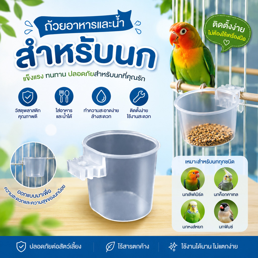 parrot.thailand ถ้วยอาหารนก ถ้วยน้ำนก แบบแขวนกรง พลาสติกหนาเกรด A สำหรับนกทุกชนิด (Size S / M / L)