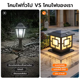 โคมไฟหัวเสาทรงเหลี่ยม โคมไฟโซล่าเซลล์ กันน้ำ IP67 ปรับได้ 4สี การควบคุมแสงอัจฉริยะ มอบแผงโซลาร์เซลล ไฟแต่งสวน