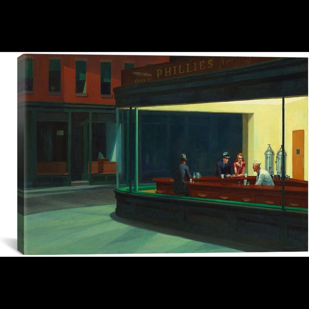 ภาพพิมพ์ผ้าใบ Nighthawks โดย Edward Hopper ศิลปะตกแต่งผนังสำหรับบ้านสมัยใหม่
