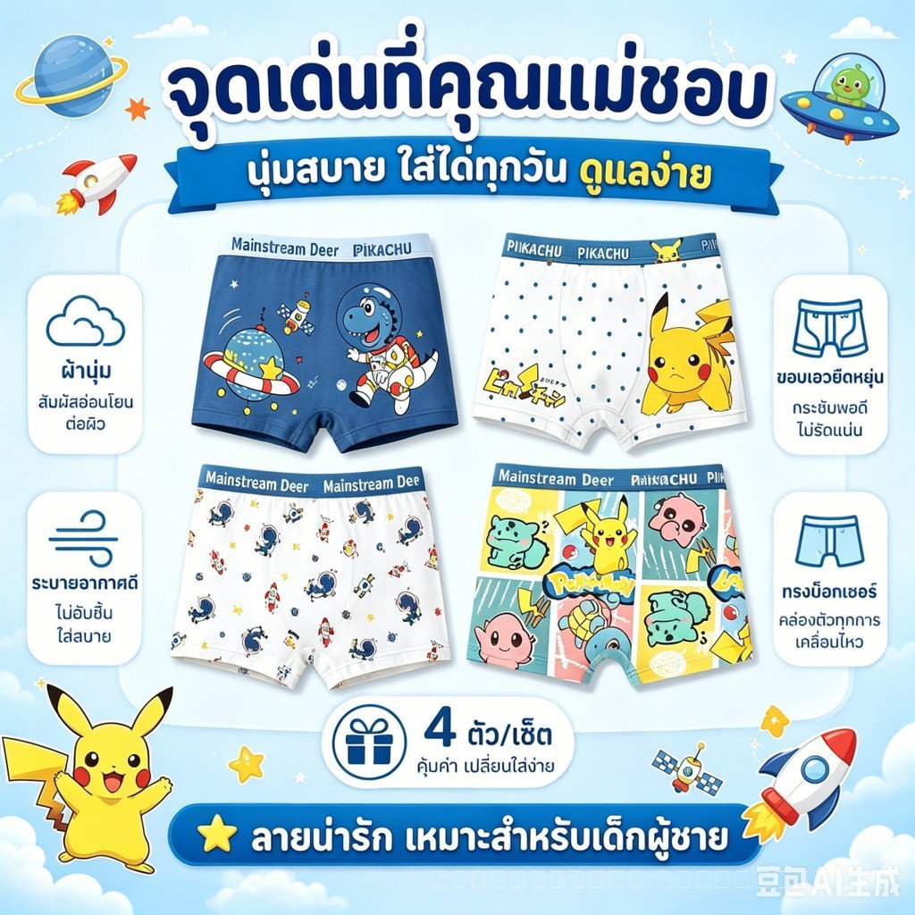 กางเกงในเด็กผู้ชาย 4 ตัว เอวยางยืด ไม่รัด ใส่ได้ทุกวัน