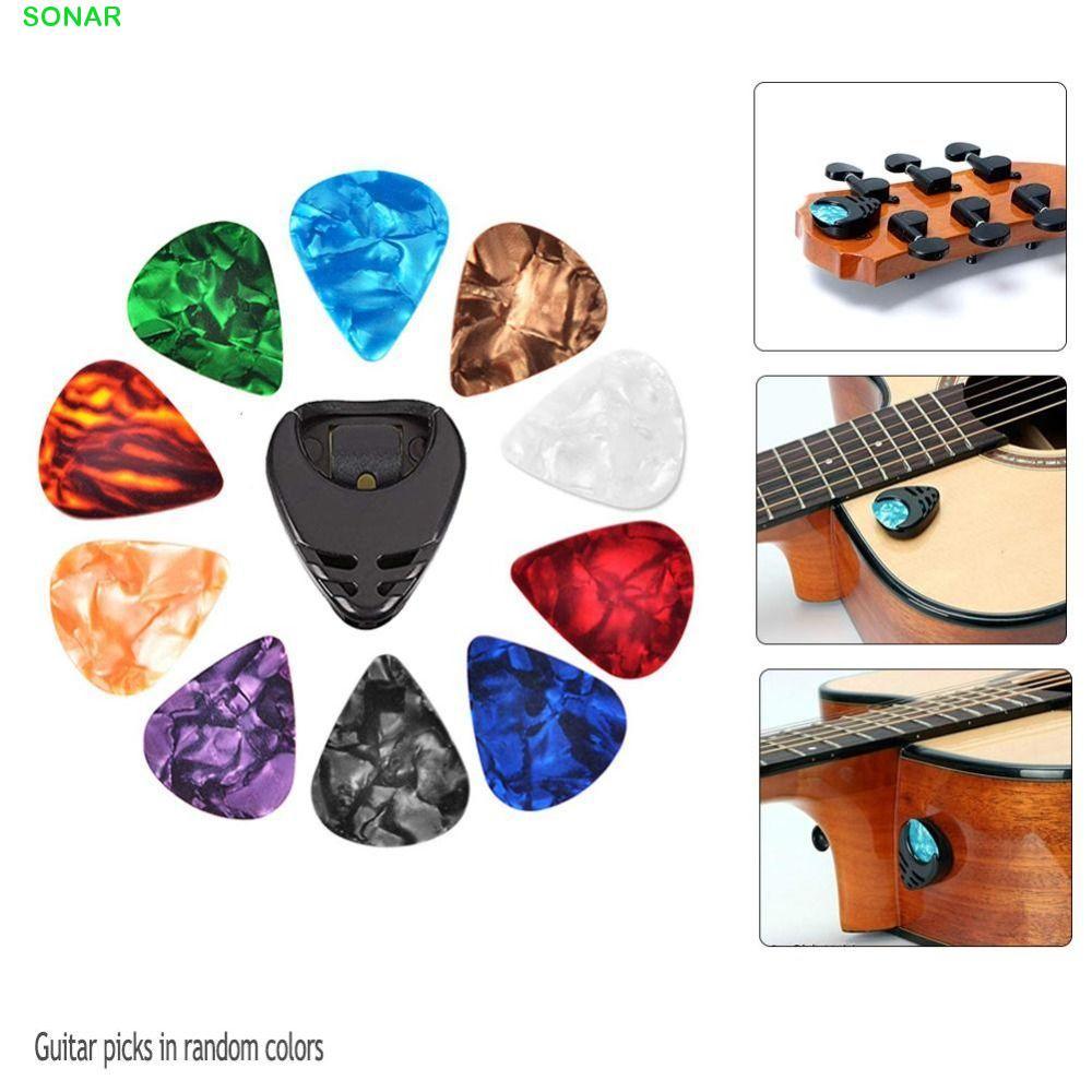 SONAR ชุด 10 ชิ้น ที่เก็บปิ๊กกีตาร์ & ปิ๊กกีตาร์ไฟฟ้า/เบส สุ่มสี ขนาด 0.46/0.71/1.0 มม. พร้อมที่เก็บติดกีต้าร์