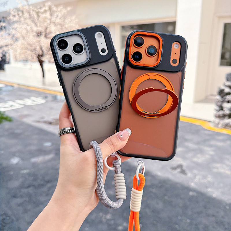 360° วงเล็บหมุนMatte Magnetic LanyardสําหรับiPhone 17 Pro Max Air 17E 16E 16 15 14 13 12 Pro Max Plus 11 Wireless Chargeโปร่งแสงปกแข็งกันกระแทก