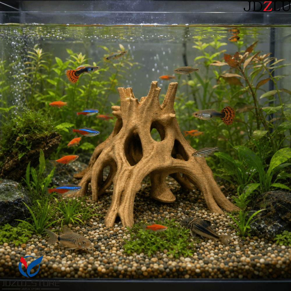 JDZLU ถ้ําซ่อนกุ้ง ที่หลบปลาพลาสติก 3D พิมพ์ต้นไม้ Trunk ปลา Resting Place ตกแต่งพิพิธภัณฑ์สัตว์น้ํา
