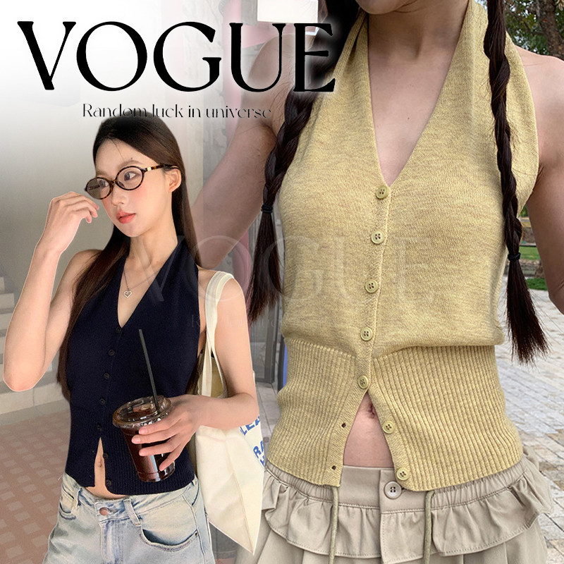 Vogue🌟พร้อมส่ง🌟 เสื้อไหมพรมคล้องคอแต่งกระดุม ยืดตามตัวสไตล์เกาหลี มี3สีใส่สบาย (B088)