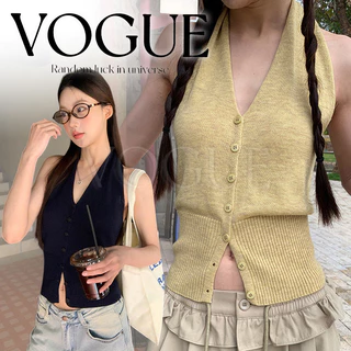 Vogue🌟พร้อมส่ง🌟 เสื้อไหมพรมคล้องคอแต่งกระดุม ยืดตามตัวสไตล์เกาหลี มี3สีใส่สบาย (B088)
