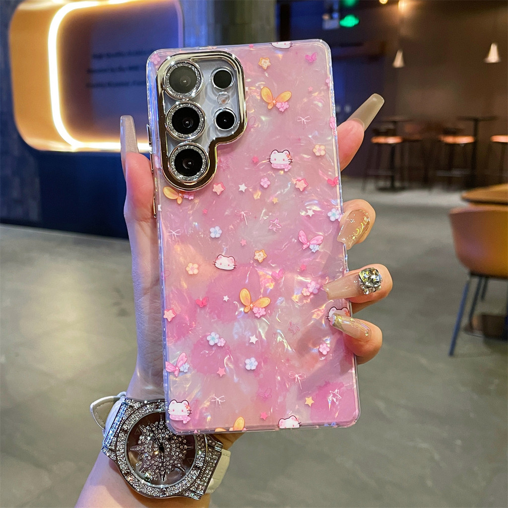 Luxury Glitter เลนส์ป้องกันเคสโทรศัพท์สําหรับ Samsung Galaxy S23 S24 S25 S26 Ultra S25 + S26 Plus แมวน่ารักรูปแบบ Hard Pc ปลอกกันกระแทก