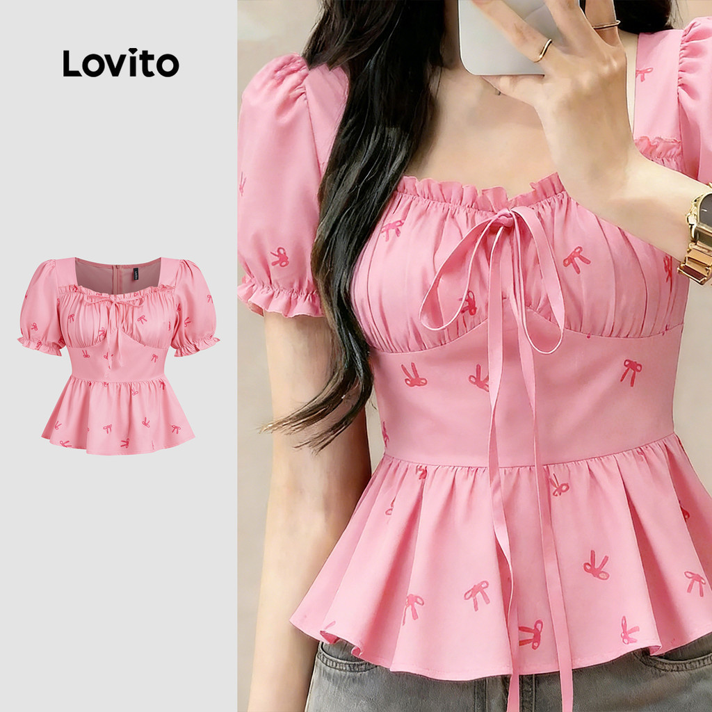 Lovito เสื้อเบลาส์ลูกไม้สีชมพูสําหรับผู้หญิง สําหรับฤดูใบไม้ผลิ/ฤดูร้อน L177ED202