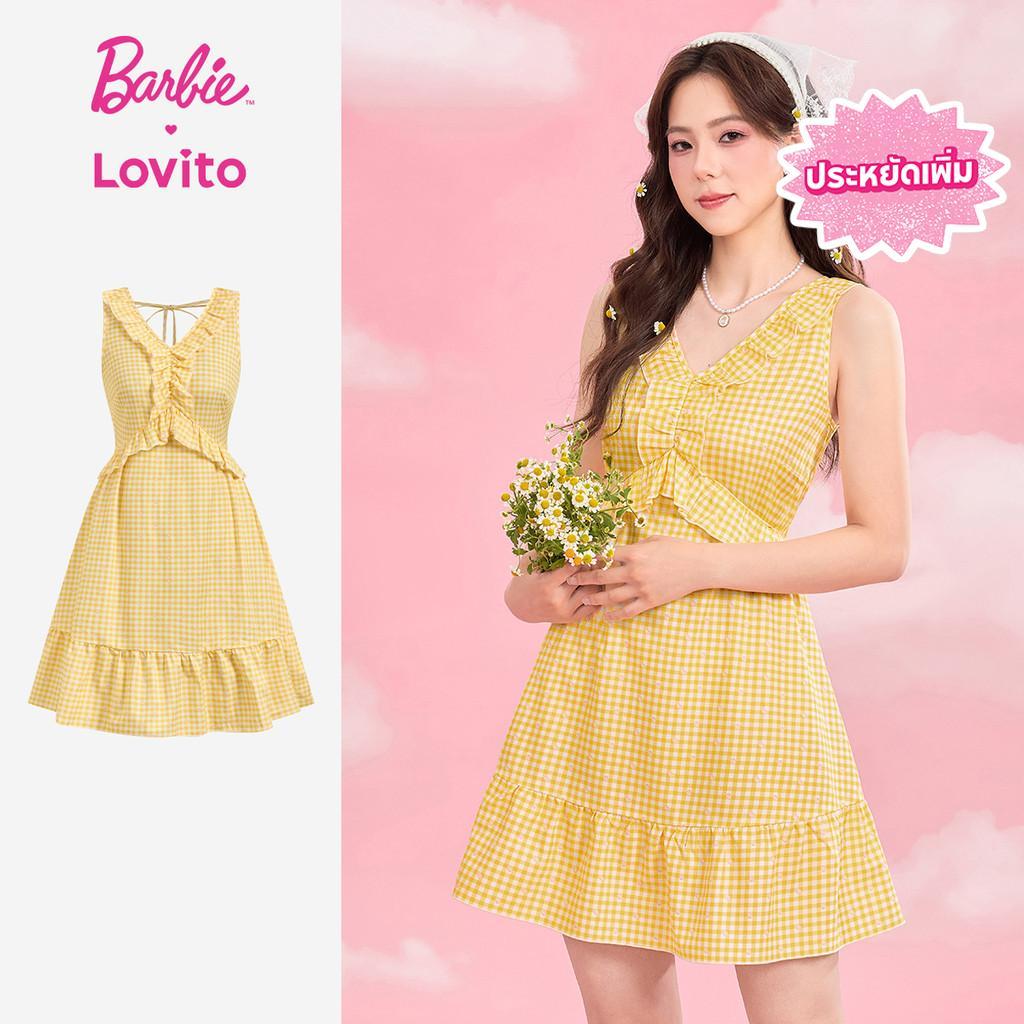 [Summer Sale] (New Arrival) Barbie™ X Lovito เดรสสีเหลืองลายระบายสําหรับผู้หญิง เหมาะสําหรับฤดูใบไม้ผลิ/ฤดูร้อน สไตล์ลําลอง DRBL4PAD019