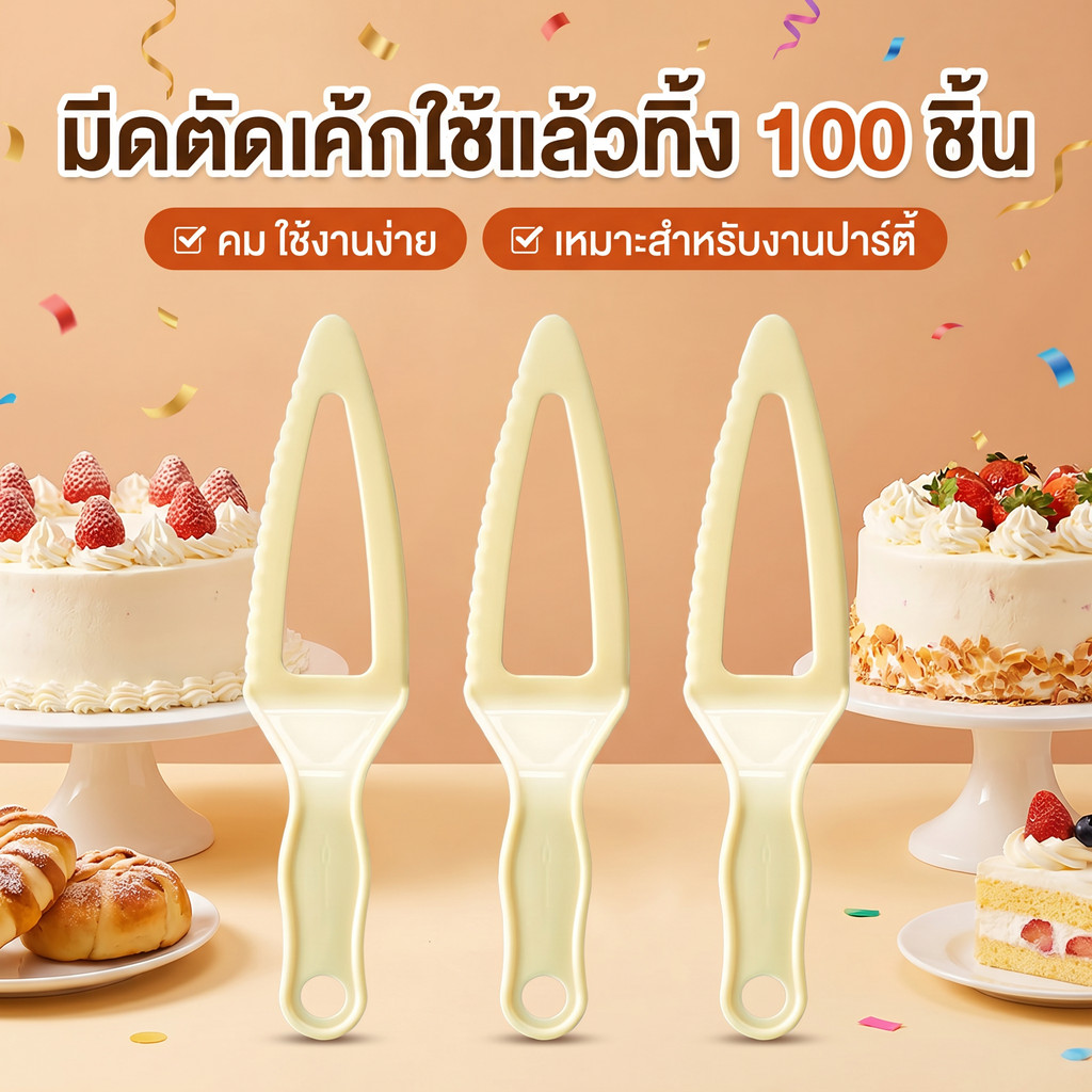 (100 ชิ้น) ที่ตักเค้ก ช้อนตักเค้กพลาสติก มีดตัดเค้กพลาสติก แบบใช้แล้วทิ้ง