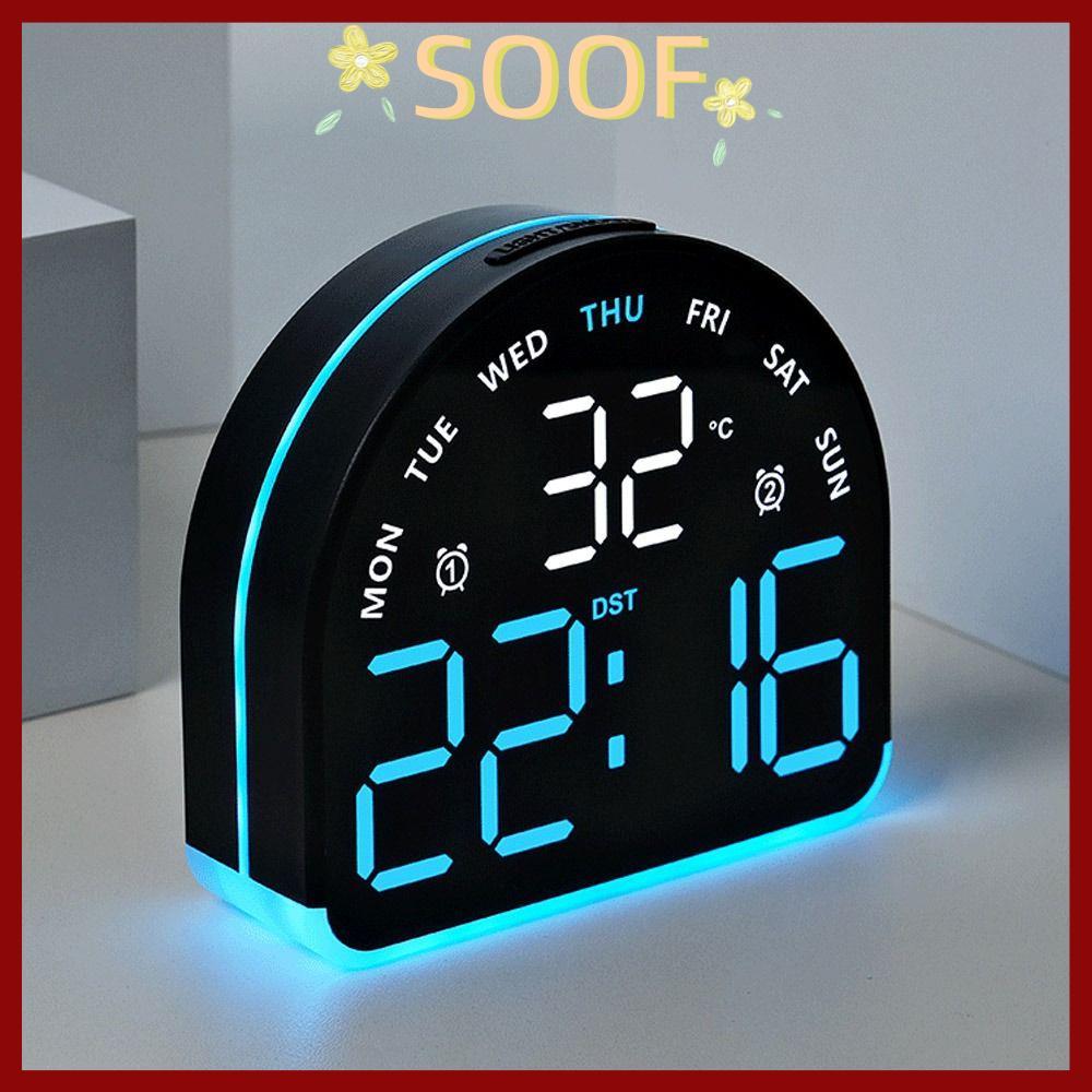 SOOF นาฬิกาแขวนอิเล็กทรอนิกส์, นาฬิกา LED ดิจิตอลอเนกประสงค์ติดผนัง, ปฏิทิน DST 12/24H นาฬิกาตั้งโต๊ะจอแสดงผลสําหรับห้องนอน