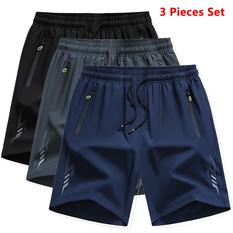 3PCS Plus Size M-4XL New Men's Shorts Zipper Pocket Quick Dry Loose Fit Shorts for Sports Beach Daily Wear