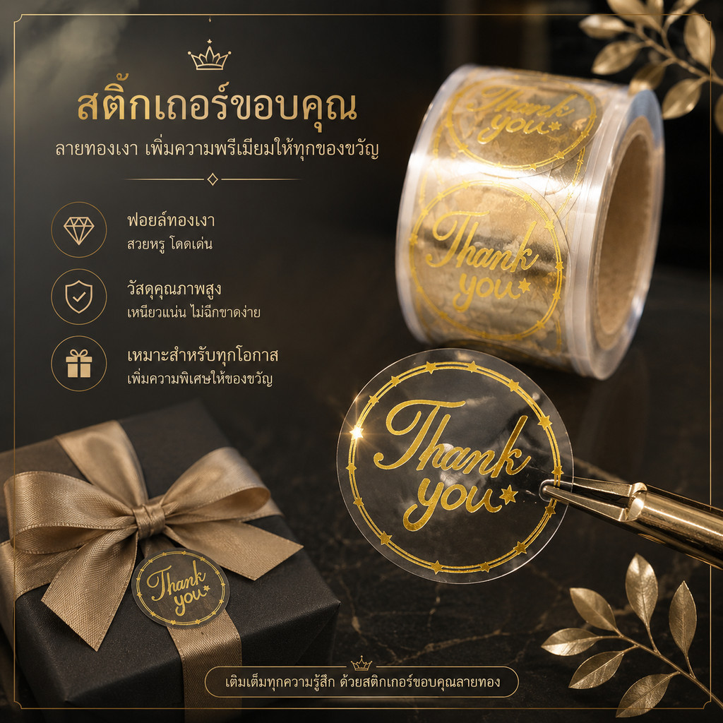 สติ๊กเกอร์ Thank You ฟอยล์ทองใส 2.5 ซม. สำหรับติดของขวัญ ซองขนม กล่องสินค้า