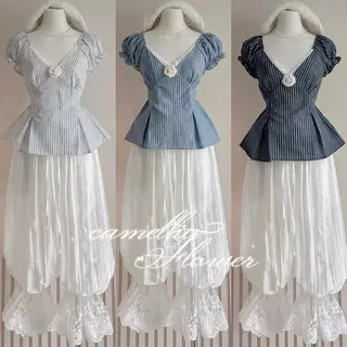 camellia look เสื้อแขนตุ๊กตา แต่งเข็มกลัดดอกคามิเลีย กางเกงจินนี่ ( มีเซต / แยกขาย)