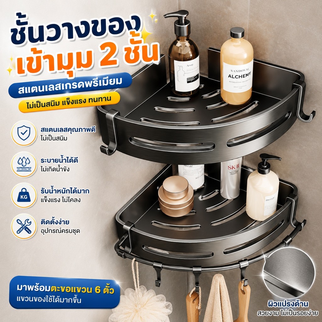 ชั้นวางของห้องน้ำ ชั้นวางของติดผนังเข้ามุม กันน้ำ ไม่ต้องเจาะ ที่วางสบู่ ที่ยาสระผม ชั้นอเนกประสงค์ S00240