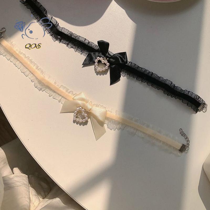 [QOE] ผู้หญิงน่ารักคอ Loli Handmade Vintage Lace Heart Choker สําหรับผู้หญิง Gothic Bow Knot Nelace 