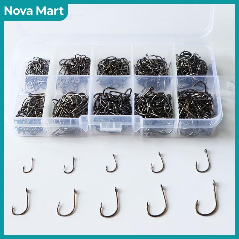 Nova mart 500ชิ้น/เซ็ตเบ็ดตกปลา3 #-12 # ตะขอตกปลาเหล็กคาร์บอนสีดำพร้อมกล่องขายปลีกคละขนาดเบ็ดเบ็ดเบ็ดตกปลาอุปกรณ์เสริม