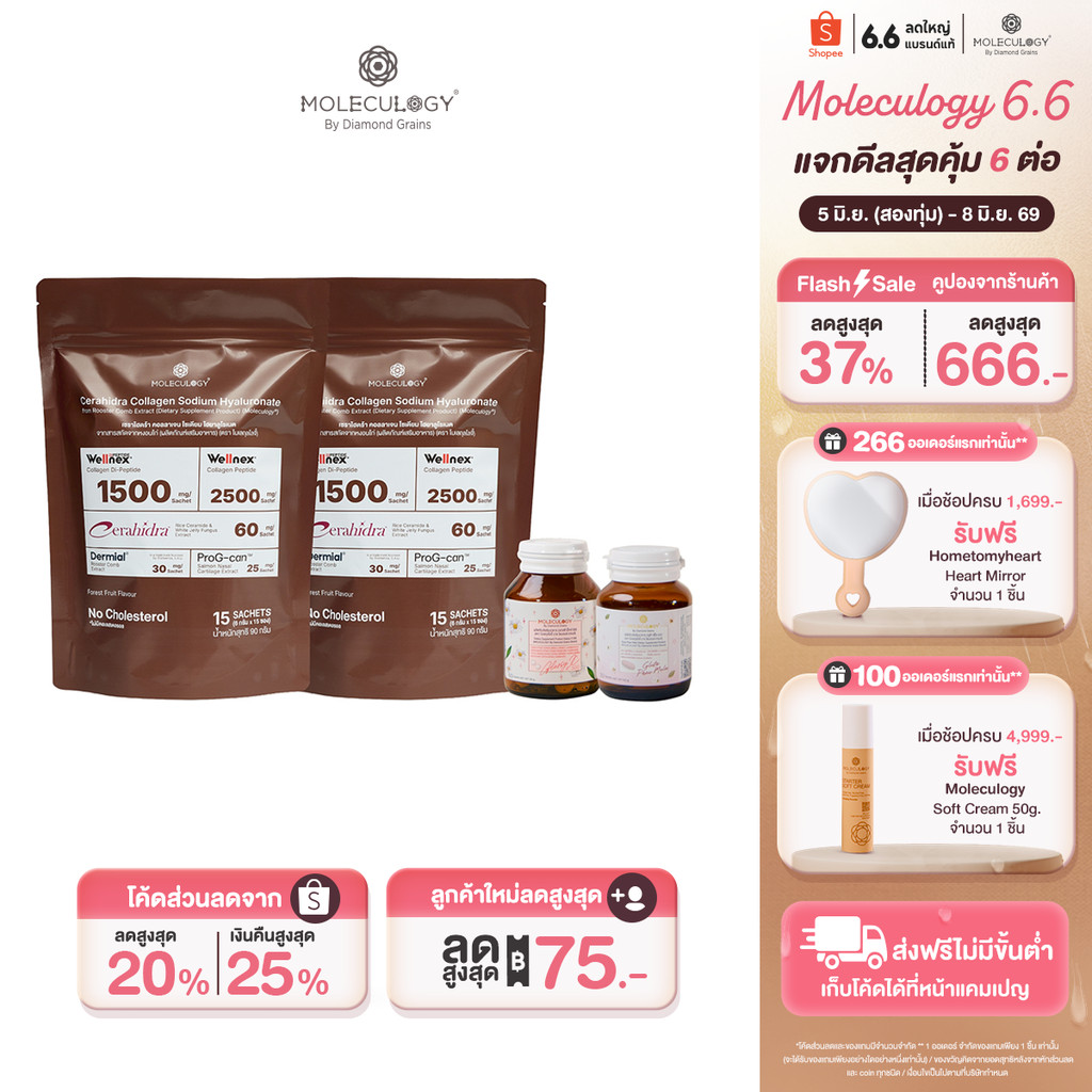Moleculogy [Set 4 ชิ้น] CeraHidra Collagen x2 30ซอง + ผลิตภัณฑ์เสริมอาหาร GlassyX500 (60เม็ด) + Gluta Pheo Mela (30เม็ด)