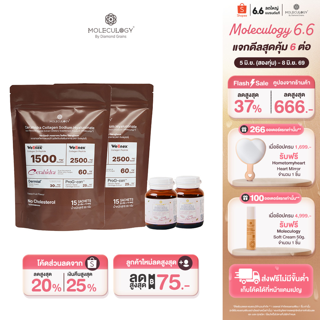 Moleculogy [Set 4 ชิ้น]CeraHidra Collagen x2 30ซอง + ผลิตภัณฑ์เสริมอาหาร Gluta Pheo Mela 2 กระปุก (30เม็ด/กระปุก)