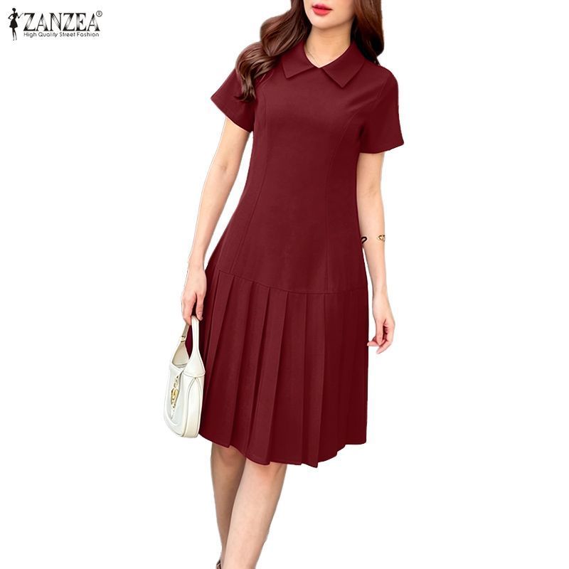 ZANZEA ผู้หญิงเกาหลี Elegant Official Office Turn-Down-Collar แขนสั้น Pleats Hem A-Line Dresses