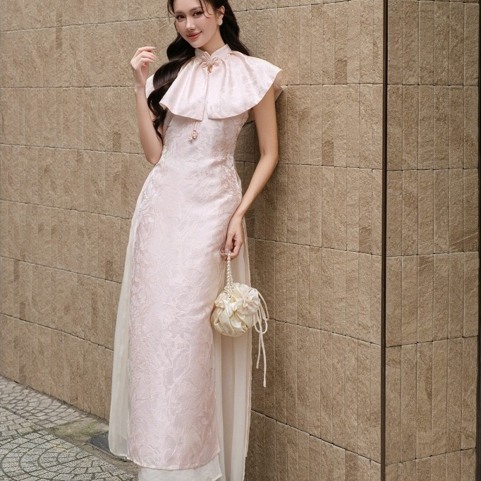 YEN CAU RUZA คล้องคอ ao dai + กระโปรงจีบชุดรูปแบบที่ละเอียดอ่อน Orchid ผ้าแหลม ATF004H - VLF133