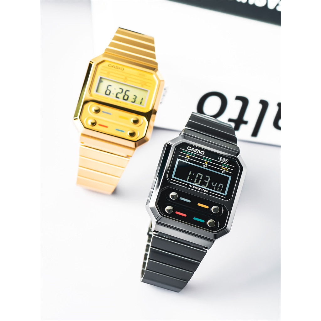 CASIO CASIO อาเขตอิเล็กทรอนิกส์ PAC-MAN Co-Branded แฟชั่นอินเทรนด์ Retro นาฬิกากันน้ํา A100WEG-9A