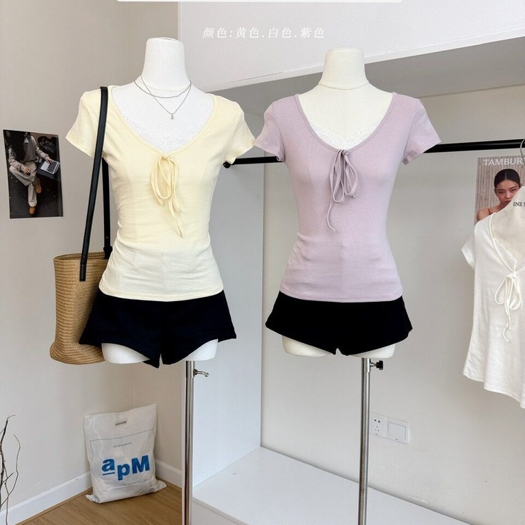 Fine Cotton Textured Lace v คอแขนสั้นเสื้อยืดฤดูร้อนสไตล์ใหม่ Laced-Up Slim-Fit Design All-Match แคบ