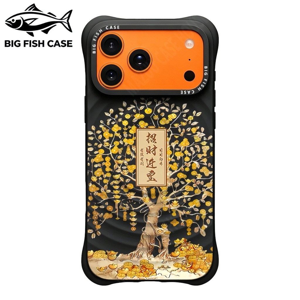 เคสไอโฟน ซิลิโคนสีดำ แม่เหล็ก ลายต้นไม้เรียกทรัพย์ มุมหนา กันกระแทก สำหรับ iPhone 17 16 15 14 13 12 11 Pro Max Plus