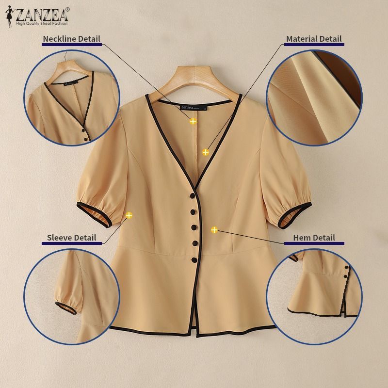 ZANZEA ผู้หญิงเกาหลี Elegant Officewear V คอพัฟแขนปุ่ม Contrast Edge Ruffles Hem เสื้อ — صورة 7