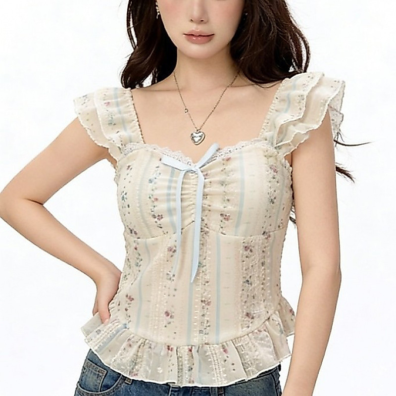 เสื้อกั๊ก.camisole ลายดอกไม้ แขนบาน สไตล์หวานๆ ดูคลาสสิก