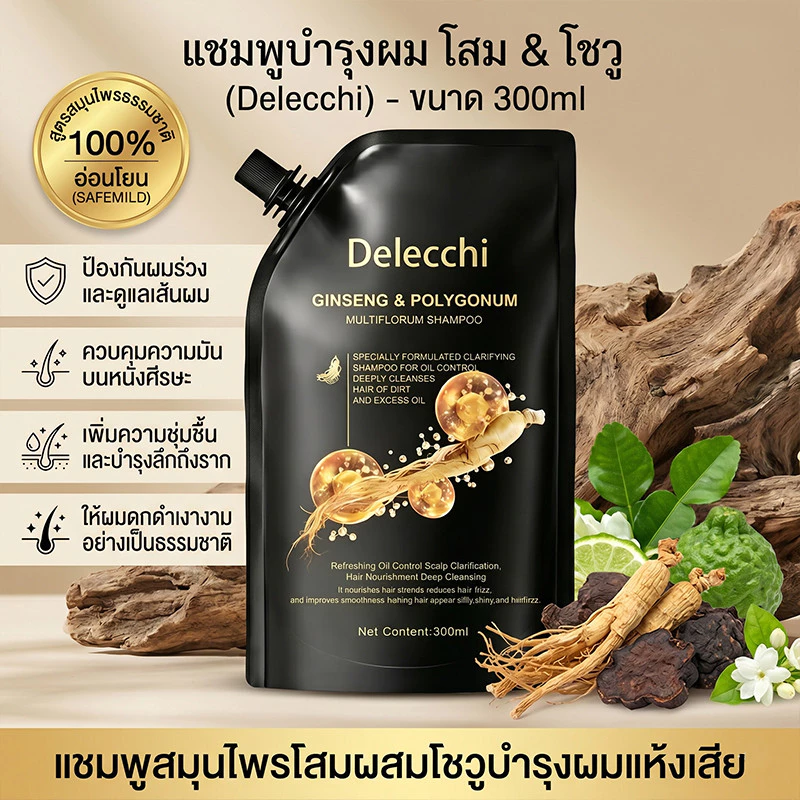 Delecchi เคราตินแชมพูสระผมสมุนไพร สารสกัดรากโสม สูตรโบราณดั้งเดิม ขนาด ลดผมร่วง เร่งผมยาว300ml