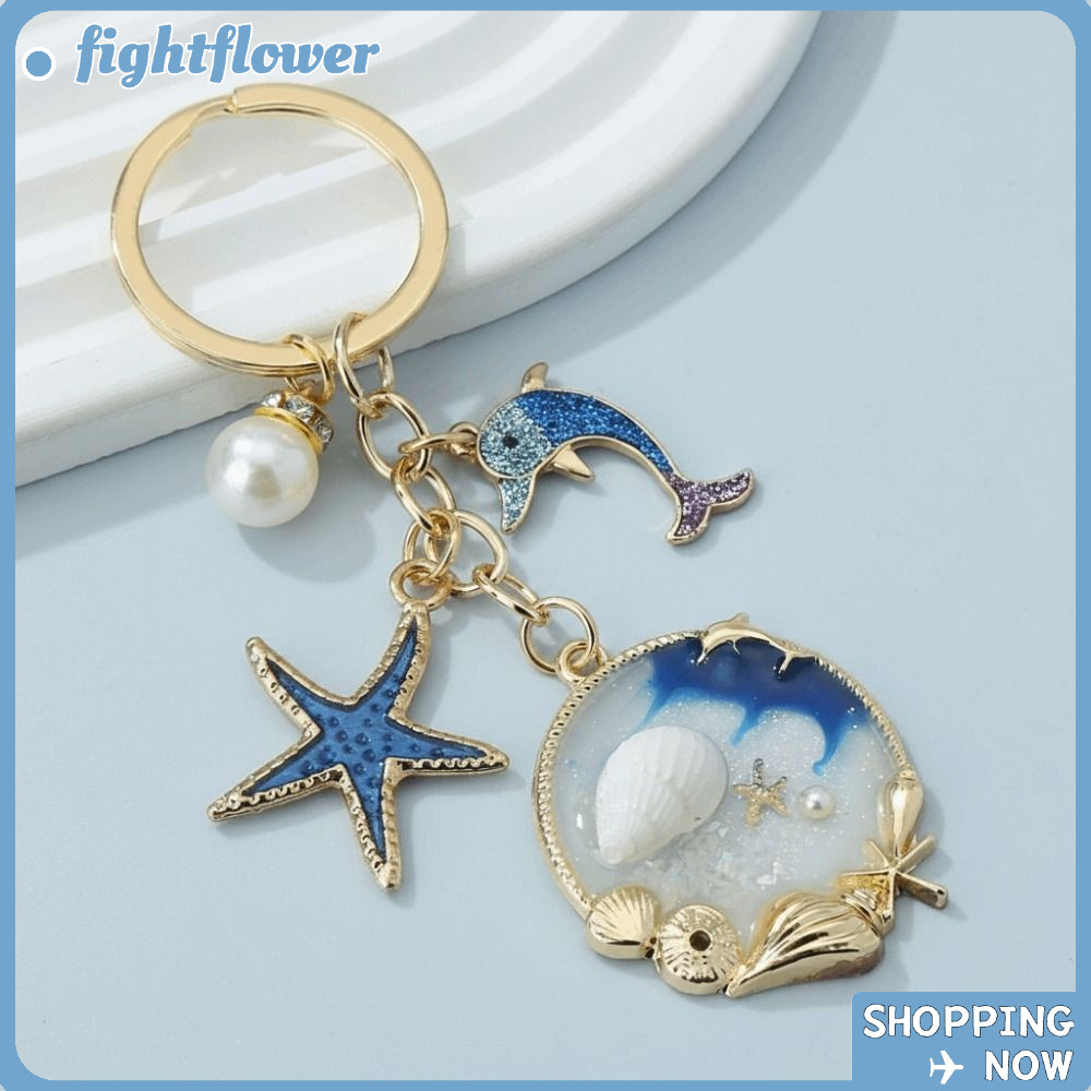 พวงกุญแจ FIGHT Dolphin วัสดุโลหะผสม พวงกุญแจปลาดาวสีฟ้า จี้ เสน่ห์สัตว์ทะเล ฝังออกแบบ Faux Pearl เคลือบพวงกุญแจเครื่องประดับ