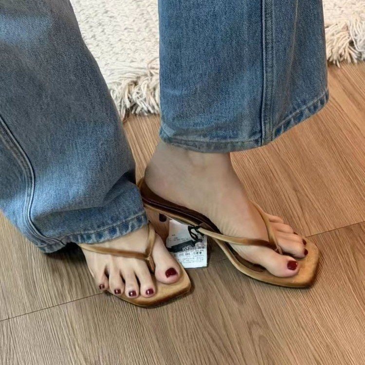 รองเท้าแตะ Womens Square Toe Stiletto Heel Flip-Flops