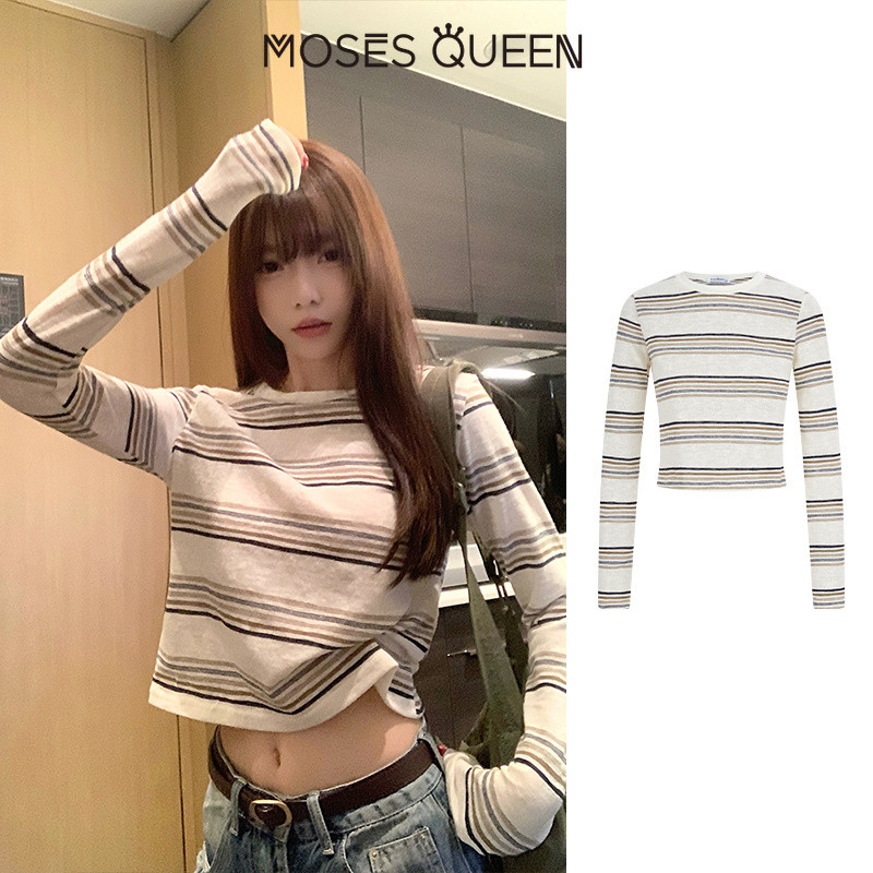 MOSESQUEEN มอสเนสควีน เสื้อยืดแขนยาวลายทางสีตัดกันสไตล์เกาหลีสําหรับผู้หญิงในฤดูใบไม้ร่วงที่มีลุคสูงและมีสไตล์เหมาะกับชั้นฐานด้านบน #63513