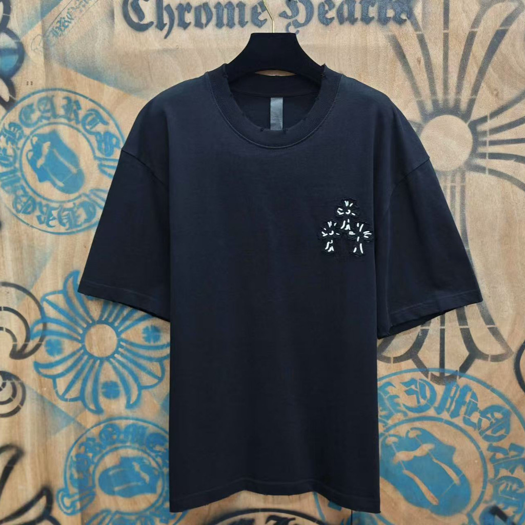 4CUO Chrome hear## Summer loose-fitting couple's short-sleeve shirt with horseshoe and Sanskrit embr