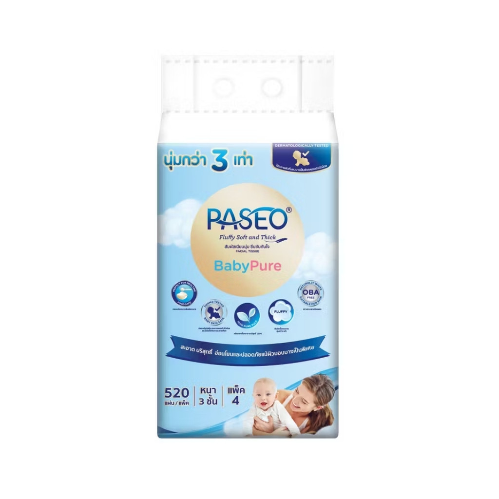 พาซิโอ เบบี้เพียวกระดาษเช็ดหน้าซอฟท์แพค Paseo Baby Pure Soft Pack Facial Tissue 4Pcs.