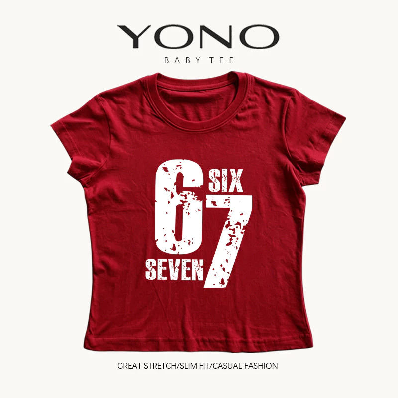 (พร้อมส่ง24ชม.) baby tee สีแดงไวน์ ลายเลข 67 วินเทจ ฟีลอเมริกันสปอร์ต ทรงเข้ารูป ใส่เท่แมตช์ง่าย