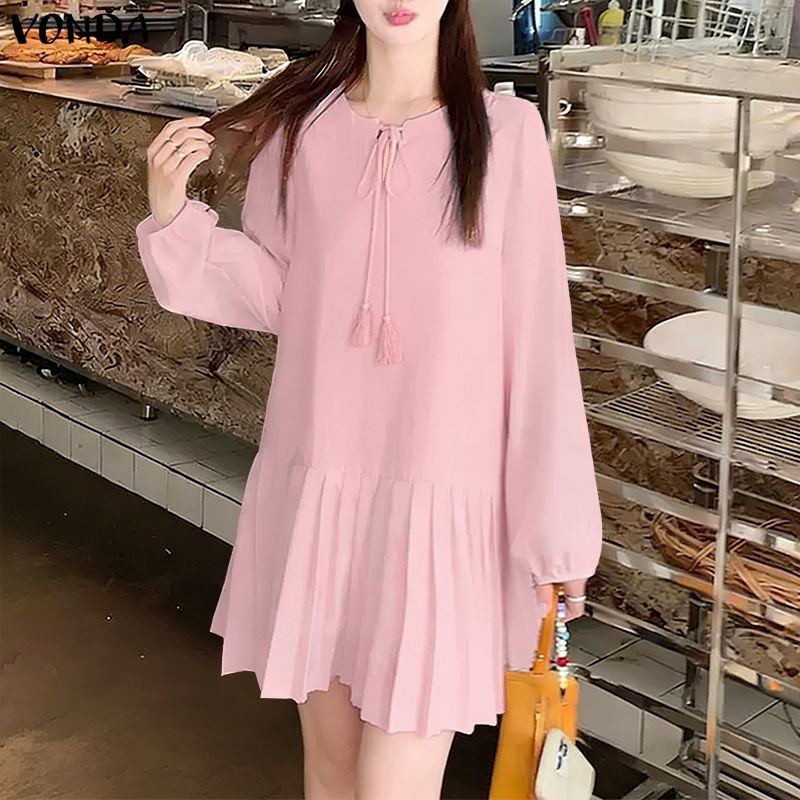 VONDA ผู้หญิงเกาหลีสไตล์ลําลองรอบคอ V Notch Tie พู่ชีฟอง Spliced ยืดหยุ่น Cuff พัฟแขนหลวมเสื้อสวมหัววันหยุดแขนยาวมินิเดรส — صورة 6