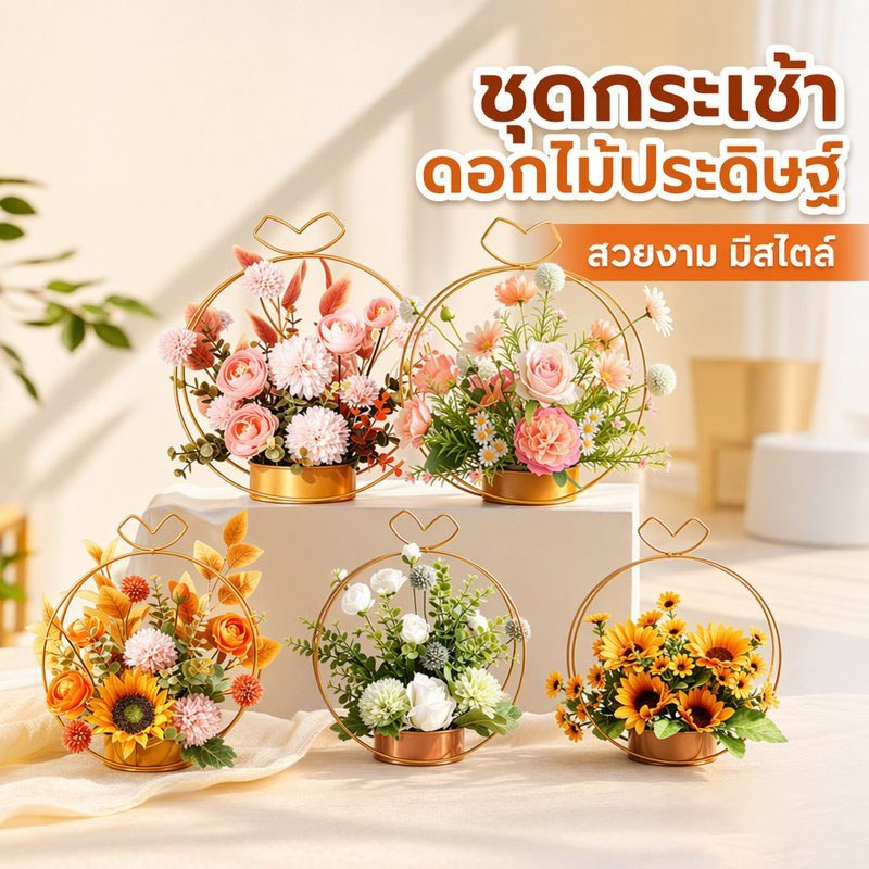 ดอกไม้ปลอม ชุดดอกไม้ประดิษฐ์ จัดดอกไม้ในตะกร้าเหล็กดัด กุหลาบ ไฮเดรนเยีย ทานตะวัน ตั้งโต๊ะ ตกแต่งบ้าน