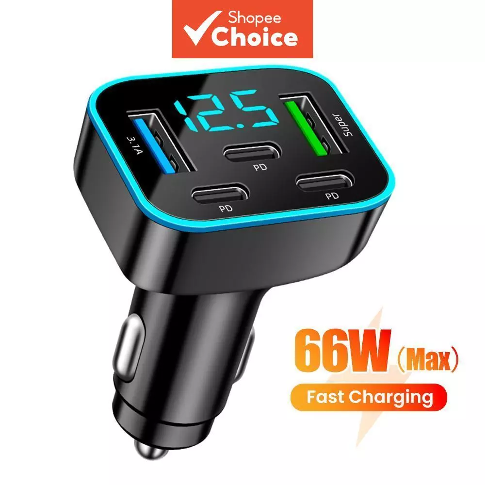 ที่ชาร์จในรถยนต์แบบ 5 พอร์ต 66W ชาร์จเร็ว 2USB 3Type C PD QC3.0 อะแดปเตอร์ชาร์จโทรศัพท์ในรถ