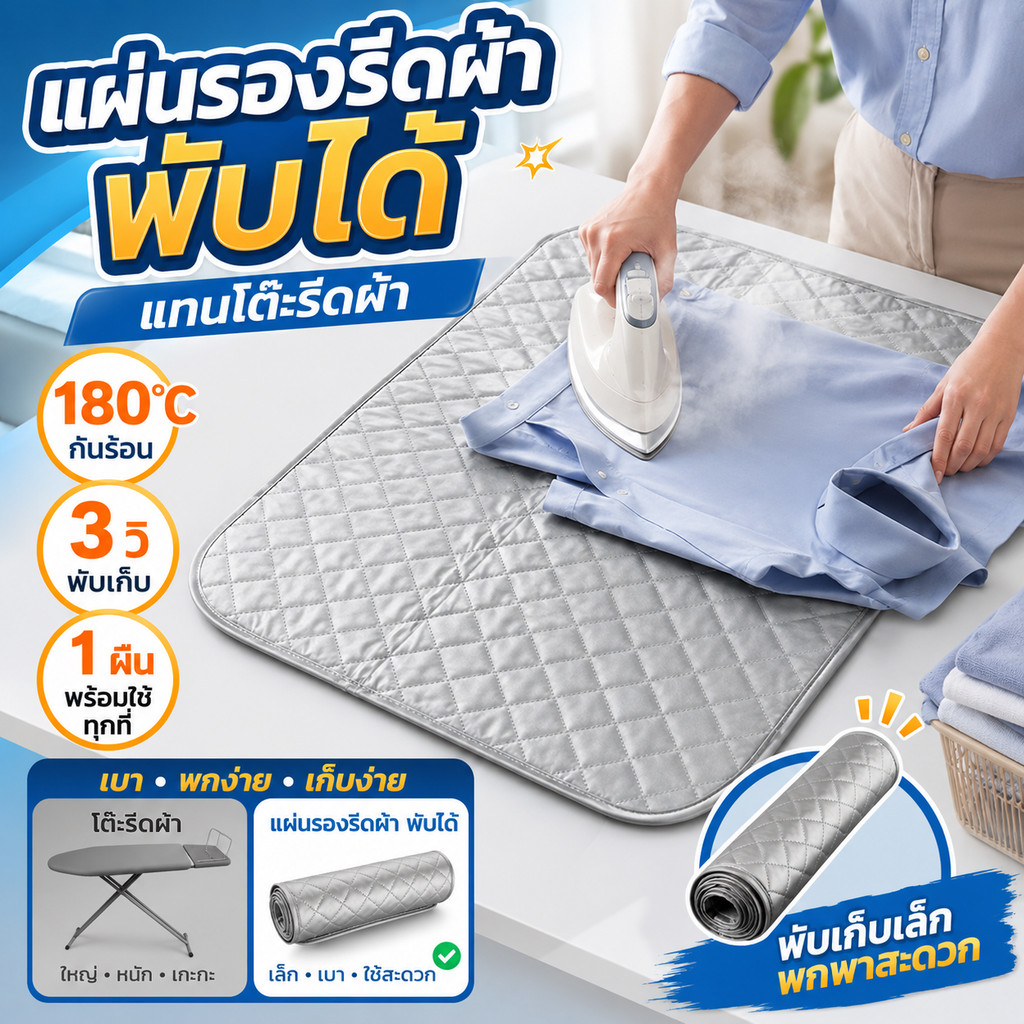 แผ่นรองเตารีด 45x85ซม. แบบพับได้ มีแม่เหล็กยึดติด แผ่นรองรีดผ้า กันร้อน180°C ใช้บนโต๊ะ พกง่าย เก็บง่าย บ้านคอนโด สีเงิน
