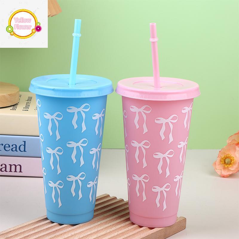 YellowFlower 1 PC 710ML Kawaii Bow Reusable Party ถ้วยฟางฝาปิดกาแฟน้ําผลไม้ชาน่ารัก Tumbler ฟางถ้วยพลาสติกฤดูร้อนของขวัญ TH