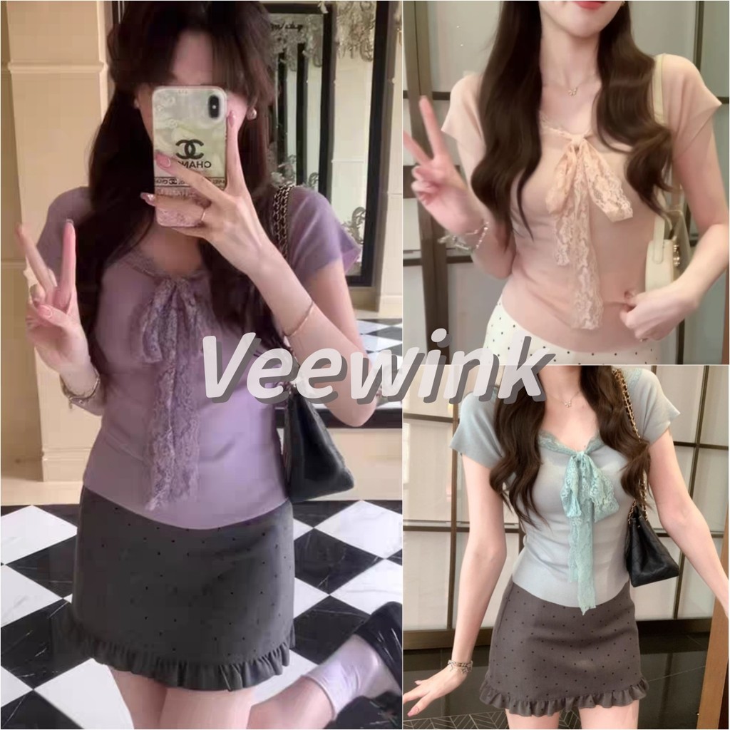 Veewink เสื้อยืดแขนสั้นคอวีลูกไม้ต่อ โบว์ผูกเชือก สไตล์หวาน ทรงเข้ารูปช่วยลดน้ำหนัก ใส่สบาย