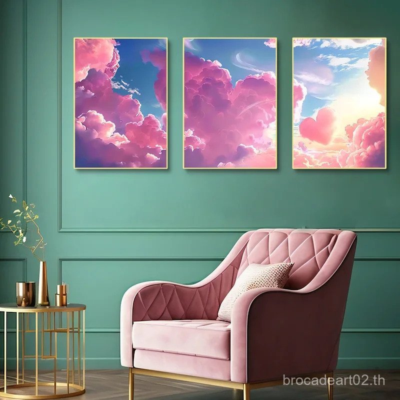 Fantastic Pink Sky Clouds โปสเตอร์ผ้าใบพิมพ์ Love Heart Clouds Wall Art สําหรับตกแต่งบ้านของขวัญวันว