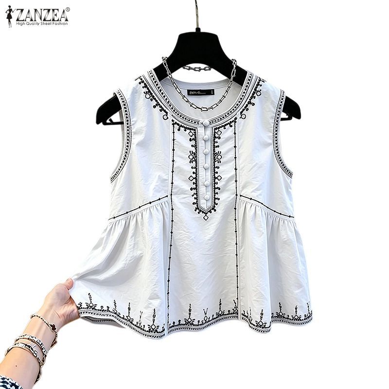 ZANZEA Womens Korean Casual Round Neck Sleeve Loose A-line Geometric Color Block Print Color-Blocked