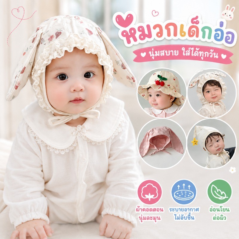 หมวกเด็ก หมวกเด็กผู้หญิง ผ้านิ่มใส่สบาย สายรัดปรับระดับได้ 1-12 เดือน หมวกเด็กแรกเกิด